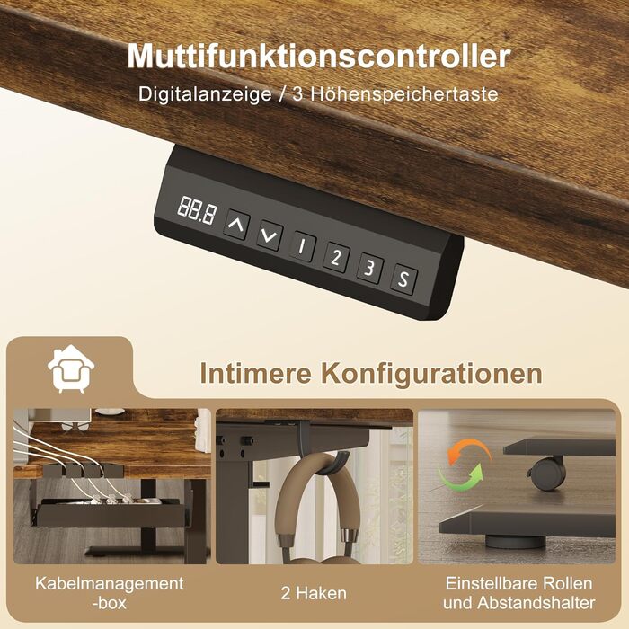 Регульований кутовий стіл 160x140 см з полицею, електропривод, коричневий