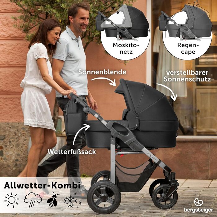 Дитяча коляска 3-в-1 Bergsteiger Capri – люлька, автокрісло i-Size, прогулянкове сидіння, повітряні колеса, амортизація, регульована ручка, складна, з аксесуарами (чорний/срібний)