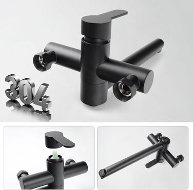 Змішувач для ванни PHASAT з витяжною лійкою, чорний, настінний монтаж, PTBB13E Long spout