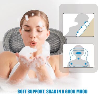 Подушка для ванни з піни memory foam, антиковзка, для шиї та спини, 4D вентиляція, 6 присосок, сіро-метеликовий колір