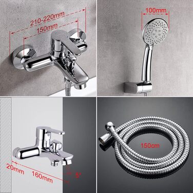 Набір для душу GRIFEMA Bad-Duschsystem G13003 з ручною лійкою, змішувач для ванни, шлангом та кріпленням, накладний монтаж, хром
