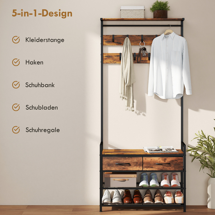 Вішалка для одягу з гачками, лавка для взуття, індустріальний органайзер для передпокою, сталевий каркас, рустикально-коричневий