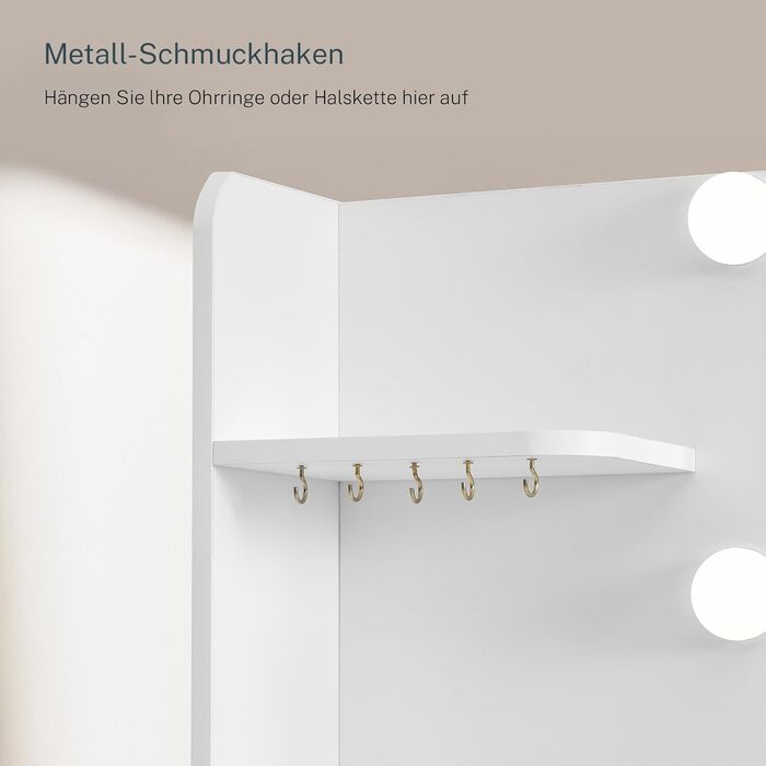 Трюмо TEENFON з дзеркалом та підсвічуванням, біле. 4 шухляди, 4 відкриті полиці, 5 гачків для прикрас.