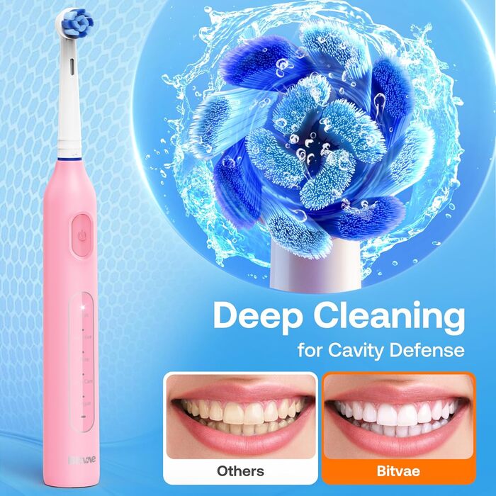 Електрична зубна щітка Bitvae з 8 насадок для дорослих та дітей, кейс для подорожей, 5 режимів, таймер 2 хвилини, 60 днів роботи, (Червона R1H3, Рожева)