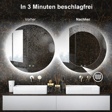 LED дзеркало для ванної кімнати з підсвічуванням, кругле, диммер, 3 кольори світла (3500K-6500K), сенсорне керування, протизапотівання, 80 см, для макіяжу та гоління
