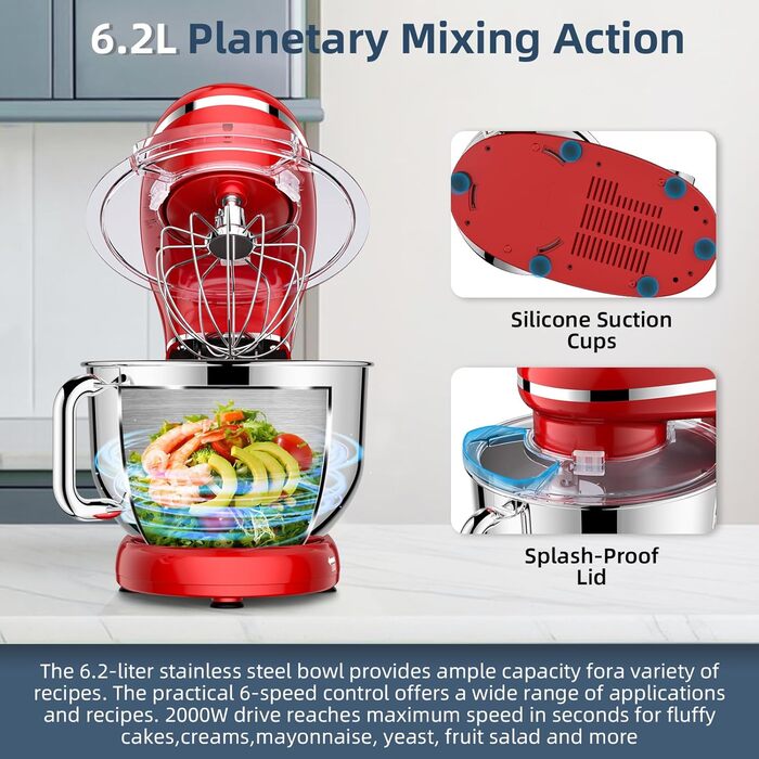 Кухонна машина Cheflee 2000W з місткістю 6.2л, нержавіюча сталь, 6 швидкостей, низький шум, насадки для замішування та збивання, для тіста та крему