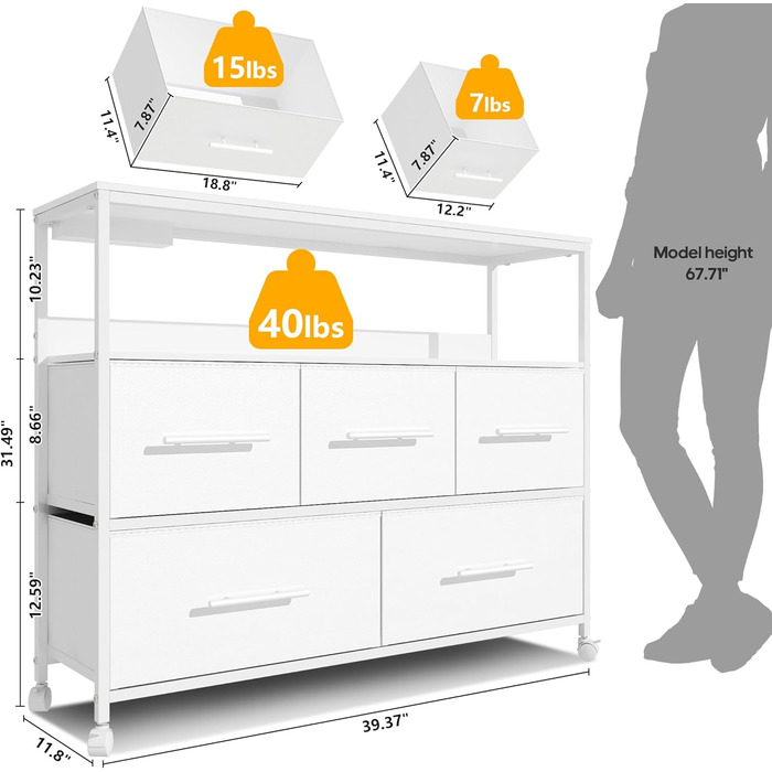 Комод з док-станцією для зарядки, 5 контейнерів для тканини, тумба під телевізор і полиця, 4 рулони (білі)