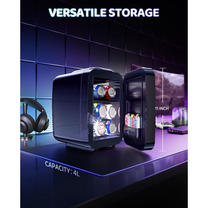 Міні-холодильник LIGIANT MF01C на 4Л з 7 режимами підсвічування та функцією підігріву, безшумний, AC/DC, для авто, офісу та геймерської кімнати (чорний глянцевий)