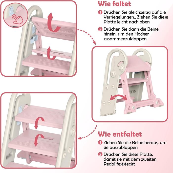 Дитячий підсходильник Onasti Tritthocker, регульована висота, 3 сходинки, з ручками, складний, анти-ковзний, для кухні, ванної кімнати, умивальника та туалету (Сірий) Сіро-білий (Рожевий)