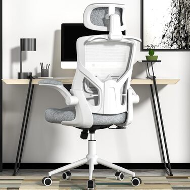 Ергономічне крісло для офісу з регульованою підголівником та поперековою підтримкою – високе офісне крісло з сітчастою спинкою та м'яким сидінням, вішалка для одягу та функцією блокування (білий та сірий)