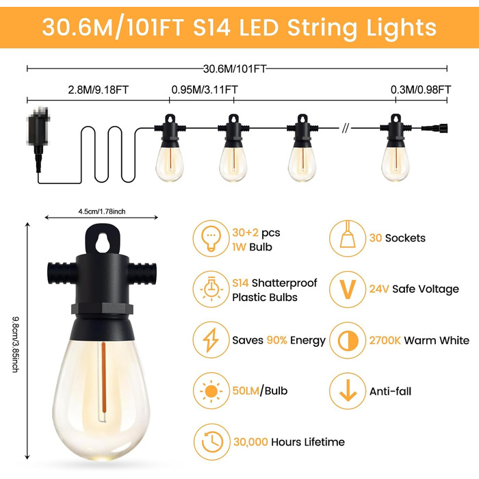 LED гірлянда для зовнішнього використання 30м з пультом, S14, 100FT, IP65, 30+2 лампочки, тепле світло 2700K, для саду, тераси, балкону, двору