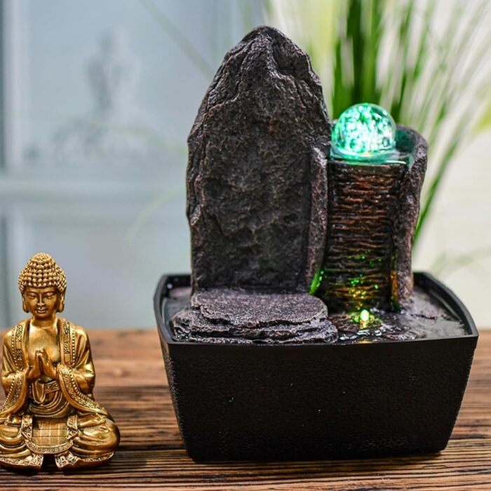 Джерело води Zen'Light від Zimmerbrunnen: Будда, LED-підсвітка, для медитації та релаксації. Декор у стилі фен-шуй, висота 26 см, горіх (Haka)