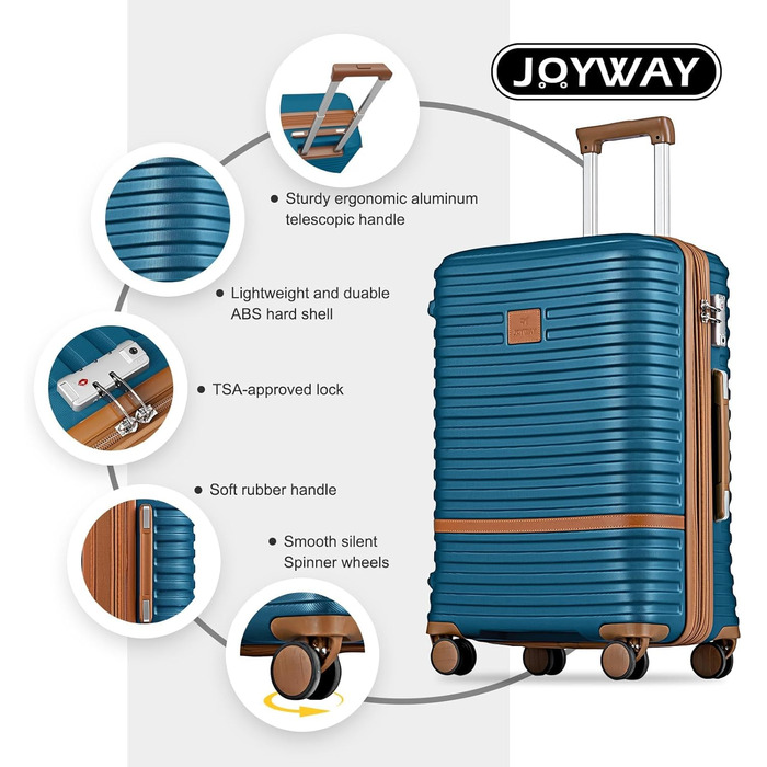 Набір валіз Joyway 6шт з жорстким корпусом, beauty-кейс, косметичка, 4 колеса, TSA-замок, морсько-коричневий (блакитний/коричневий), набір ручної поклажі 4шт