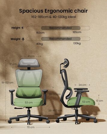 Крісло офісне ProtoArc EC100 зелене - ергономічне комп'ютерне крісло з товстим пружинним сидінням, підтримкою попереку, регульованими підлокітниками та підголівником, поворотне крісло з сітчастою спинкою для дому та офісу