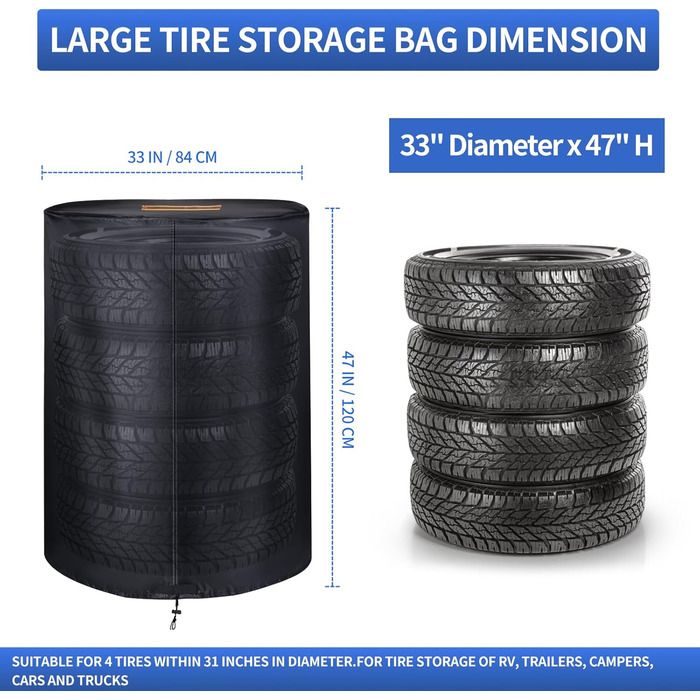 Чохол для коліс автомобіля, великий, міцний, 420D, універсальний, на 4 колеса, з блискавкою, вологостійкий, з світловідбиваючими смугами (Ø 84 см x H 120 см), чорний