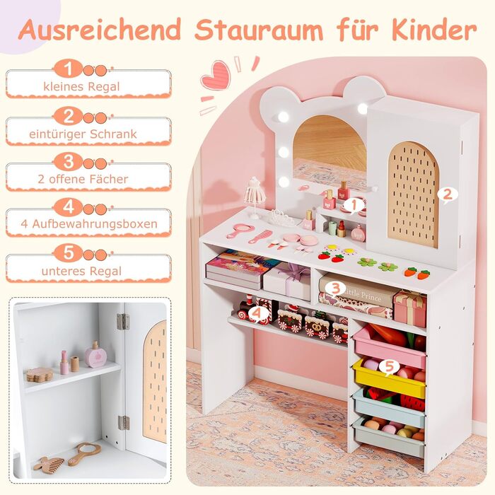 Детский туалетный столик COSTWAY в форме медведя с подсветкой, зеркалом, шкафчиком, 5 ящиками и отделениями, из дерева, для девочек от 3 лет