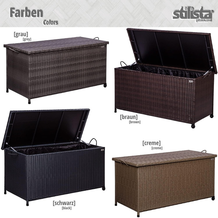 Ящик для подушок STILISTA® з ротангу (поліротанг) 122x62x56 см з кришкою, автоматичним підйомним механізмом, внутрішньою підкладкою, колесами та ручками, 4 кольори