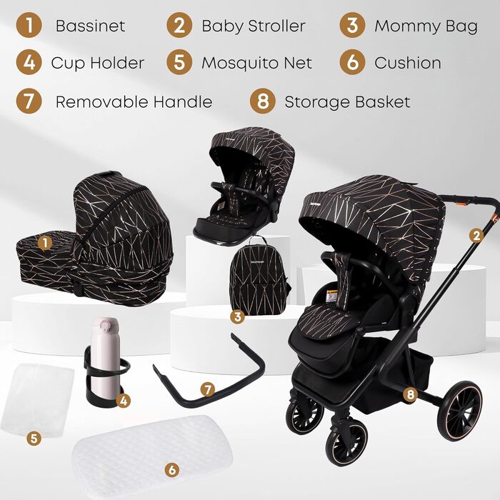 Дитяча коляска 2-в-1 BabyVoyage з люлькою та прогулянковим блоком, поворотні колеса 360°, амортизація, регульована ручка, складана, аксесуари, колір зелений (чорний-золотий)