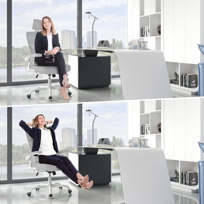 Офісне крісло Naspaulro з регульованою підголівником, підлокітниками та підтримкою попереку, дихаючий сітчастий чохол, сірий колір, для дому та офісу