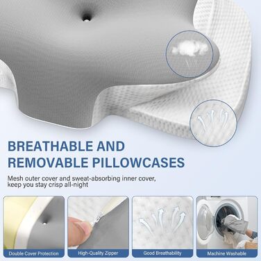 Подушка для шиї з піною Memory Foam, дихаюча, ергономічна, 65x37x10/12 см (срібна)