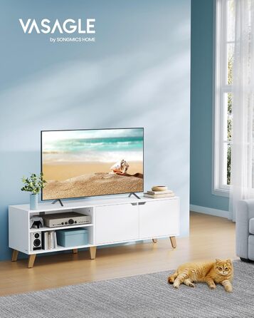 Тумба під телевізор VASAGLE 160 см, біла, з двома дверцятами, для ТВ до 65 дюймів, з регульованими полицями, для вітальні, спальні