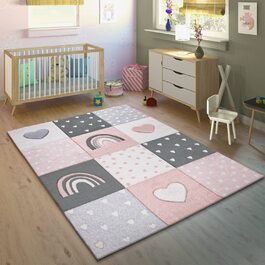 Домашній дитячий килим Paco, килим для дитячої кімнати з коротким ворсом для хлопчиків і дівчаток, райдужні сердечка в горошок, рожевий, білий, сірий, Розмір120x170 см (200x290 см)