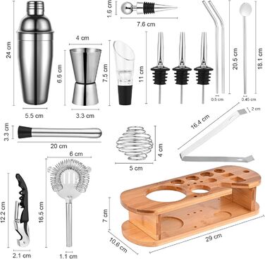 Набір шейкерів для коктейлів GOLDGE з 18 предметів з дерев'яною підставкою, 750 мл, подарунковий набір барних аксесуарів