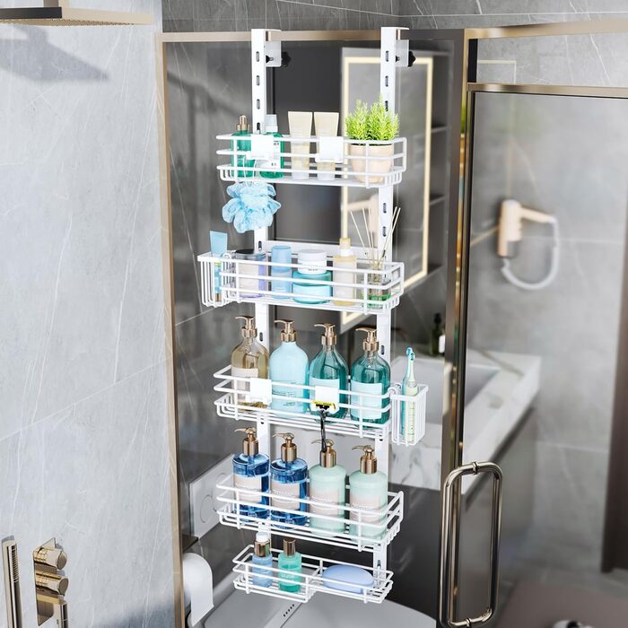 Настінна поличка для душу HapiRm з 22 гачками та 2 тримачами для зубних щіток, 5 ярусів (білий)