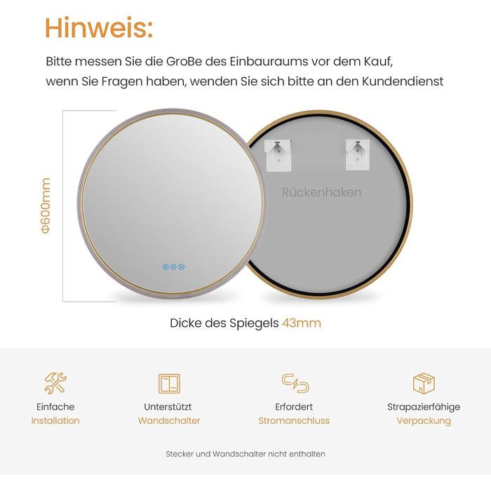 Дзеркало для ванної кімнати EMKE з підсвічуванням, 80 см, 3 кольори світла, регулювання яскравості, антизапар, сенсорне управління, функція пам'яті, енергозбереження, кругле, золотий фрейм (60x60 см)