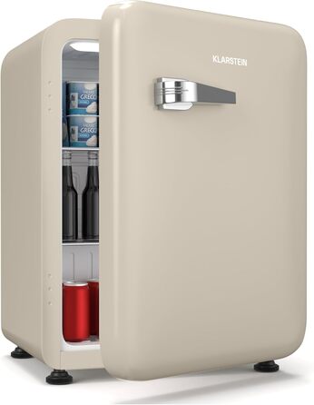 Міні-холодильник Klarstein Audrey Evo 68L: Ретро-дизайн, 40 dB, Компресор, Регульовані ніжки, Двері що відкриваються в обидва боки, для спальні та офісу, Кремовий колір, 68 л, Клас енергоефективності E