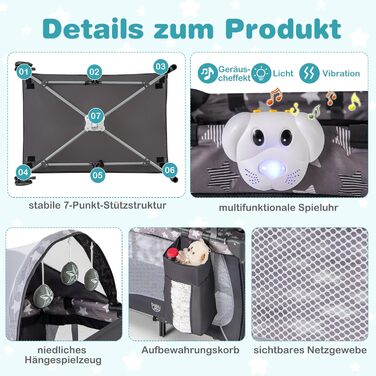 Дитяче ліжко-манежа DREAMADE 102x72 см, 3 в 1: ліжко, манежа, бебі-центр з матрацом, колесами, москітною сіткою та пеленальним столиком для новонароджених та дітей 0-36 місяців (сірий)