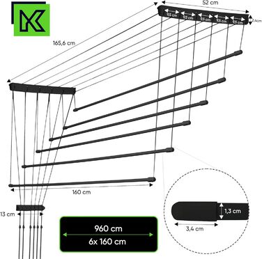Стельова сушильна машина KADAX, 6 сталевих перекладин, вантажопідйомність 12 кг, чорна (6x160)