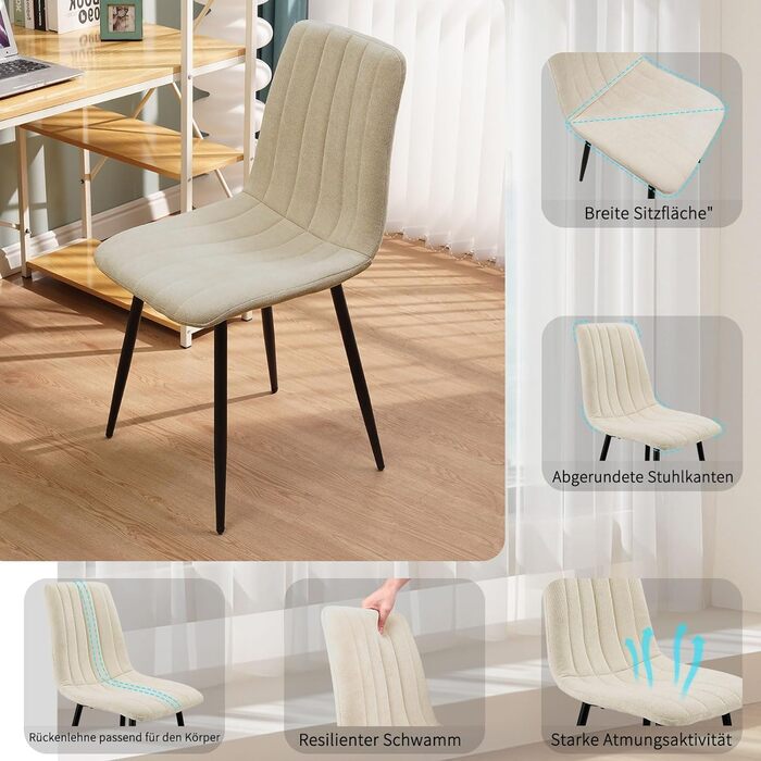 Набір обідніх стільців, м'які стільці з льоновим покриттям та чорними металевими ніжками, смугастий дизайн, для вітальні, кухні, спальні, ресепшну (2 шт., смугастий бежевий)