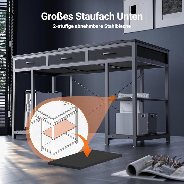 Комп'ютерний стіл Claiks з 3 шухлядами, полицею, 2 розетками та 2 USB-портами для зарядки, білий (120 x 60 см), чорний