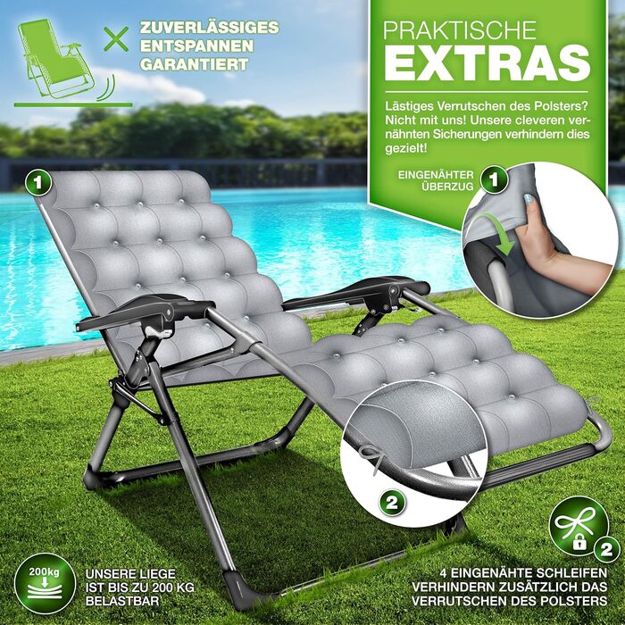 Шезлонг складний Tillvex® до 200 кг | Садовий лежак для відпочинку на балконі, терасі та у саду | З товстим матрацом, регульований, з подушкою для шиї (сірий)