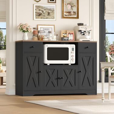 HOCSOK Комод-буфет 120 см для кухні, вітальні, їдальні. Шафа з розеткою, полицями та місцем для мікрохвильовки. 120×85×40 см, білий (чорний)