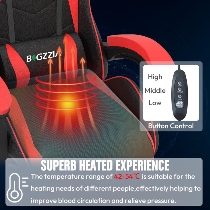 Ігровий крісло Bigzzia Ergonomiczne з підголівником та підлокітниками (Чорно-червоний, з підігрівом)