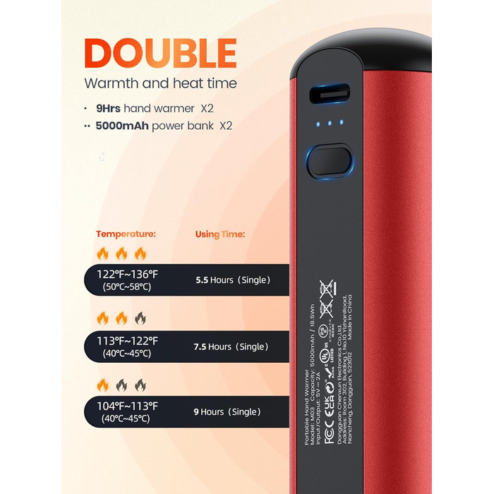 Електричні грілки для рук Warmco 2 шт, 10000 mAh, багаторазові, 3 режими нагріву, Powerbank, Червоний