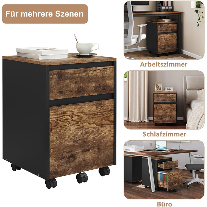 Контейнер на колесах WOLTU з 2 шухлядами, мобільний офісний шафка, підставка під стіл, шафка для принтера, для офісу та дому, 40x56x40 см, з вінтажною обробкою дерева, 2 полиці