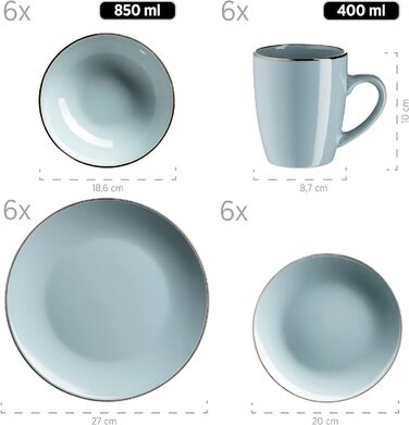 Сучасний набір посуду на 6 персон з латунним наголов'ям, комбінований набір з безобідковими формами купе, керамограніт, (24 штуки, м'ята)
