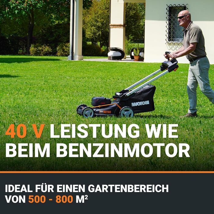 Акумуляторний газонокосарка WORX WG749E 40V PowerShare з радіоприводом, безщітковий двигун, ширина зрізу 46 см, 7 положень висоти зрізу, чорний (Modern), з акумулятором та зарядним пристроєм