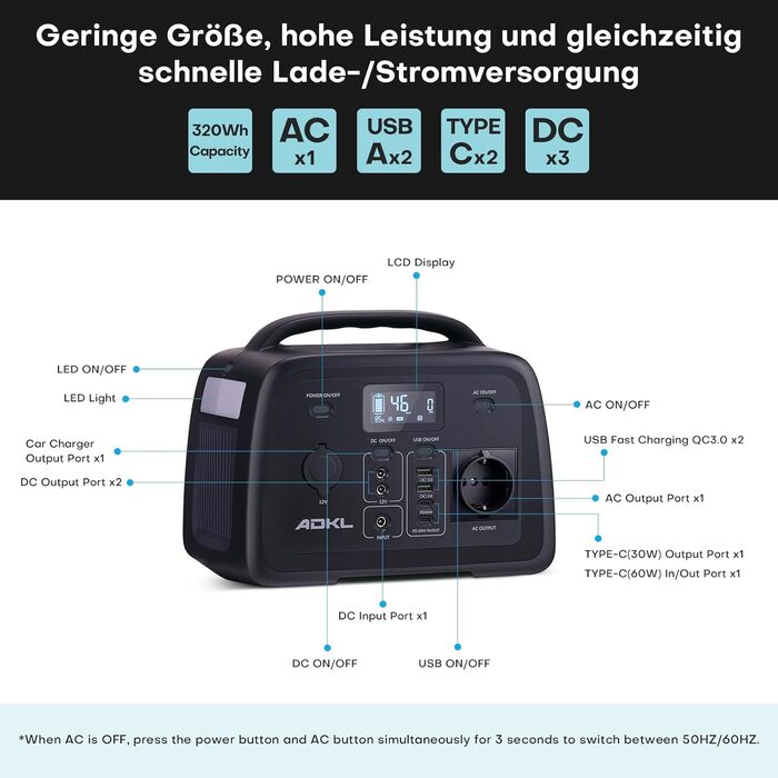 Портативна електростанція Powerbank 320Wh з акумулятором LiFePO4, 300W, сонячний генератор з виходом 300W AC/PD 60W USB-C, для кемпінгу, подорожей, надзвичайних ситуацій