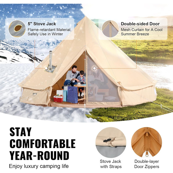 Намет-юрта VEVOR Glockenzelt 3-7м, бавовна TC, для 6-12 осіб, з PVC підлогою, ретро