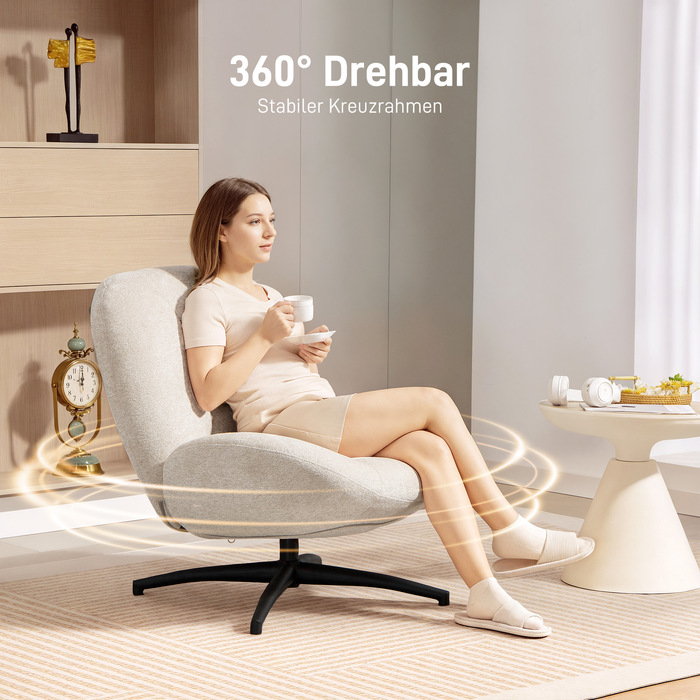 Обертовий м'який стілець, акцентний стілець з наповнювачем з ПП-бавовни, тканинне покриття, сталеве підстав'я, кремово-білий