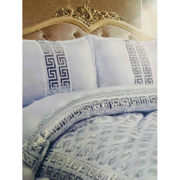 Розкішний комплект постільної білизни Cinar Meander з 3 предметів з панелями Вишите біло-сріблясте покривало 230x250 см для 2 осіб Двоспальне ліжко Покривало з 2 наволочками М'яка ковдра