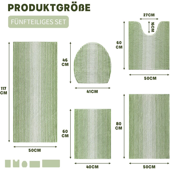 Набір килимків для ванної Chakme Chenille, нековзний, можна мити, 3 шт. и, упаковка з 5 шт. , зелений