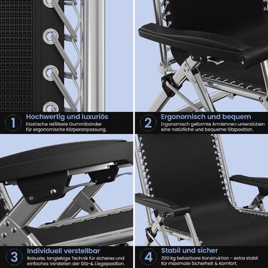 Лежак для відпочинку ELONEO: розкладний, з преміум-подушкою, стійкий до погодних умов, широка спинка, регульована, з подушкою для шиї та тримачем для напоїв (сірий)