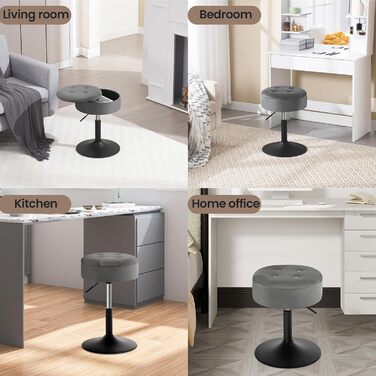 Крісло для туалетного столика WOLTU BH329sz-1, пуф з місцем для зберігання, регульована висота, обертається на 360°, сірий велюр