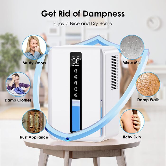 Електричний осушувач повітря 2500 мл, 3 швидкості, 2 режими, таймер 48 год, авто-стоп, захист від замерзання, для спальні та ванної кімнати