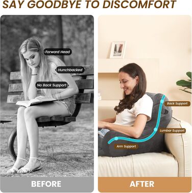 Лежак для читання в ліжку для дорослих, подушка для відпочинку в ліжку з підлокітниками, подушка для підтримки спини для сидіння в ліжку, подушка для відпочинку в ліжку зі знімним та пральним чохлом, світло-сіра